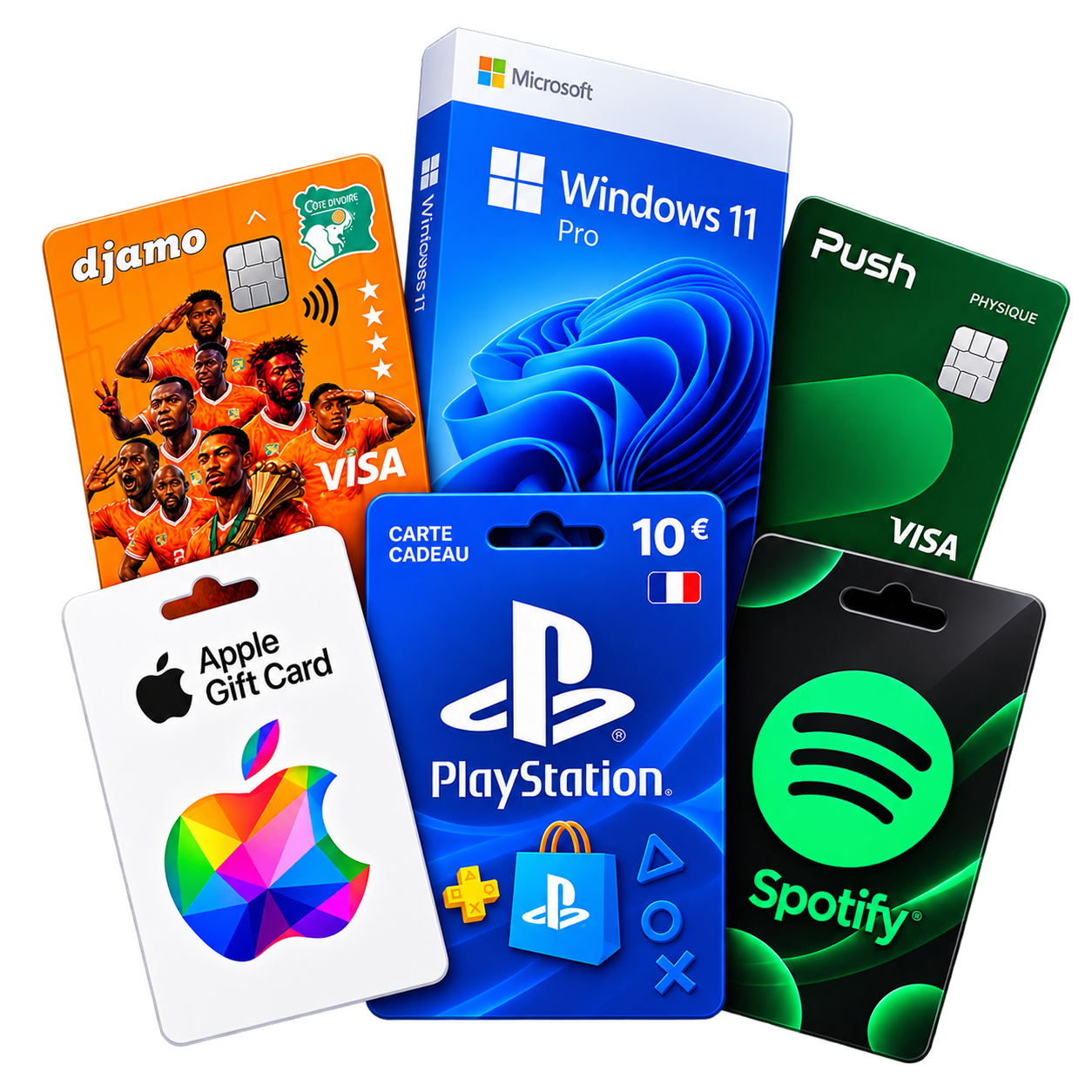 Cartes cadeaux Amazon, Netflix, Spotify, licences logicielles et cartes prépayées